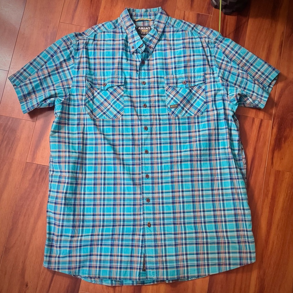 Ariat Rebar Made Tough Men's Blue Plaid Short Sleeve Tall Button Up Dress Shirt - Picture 4 of 8